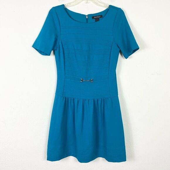 WHBM Teal Blue Ponte Pintucked Drop Waist Belted Short Sleeve Dress Size 4 - Picture 2 of 6